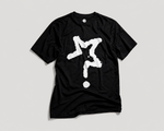 Black t-shirt with a white graphic design on a light gray background