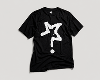 Black t-shirt with a white graphic design on a light gray background