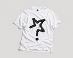 White t-shirt with black abstract design on a gray background