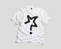 White t-shirt with black abstract design on a gray background